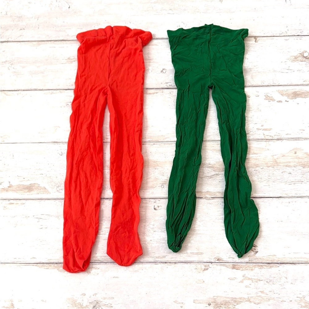 Women’s Tights Nylons Pantyhose Set of 2 OS Small Medium Forest Green & Orange